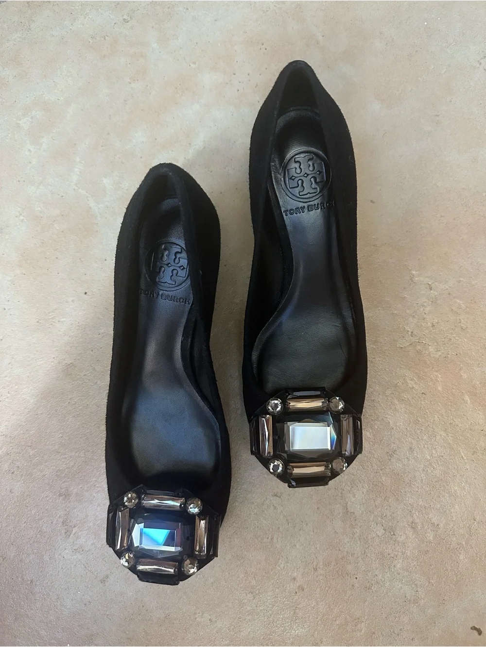 Tory Burch Black Suede Embellished Mid Heel Pumps